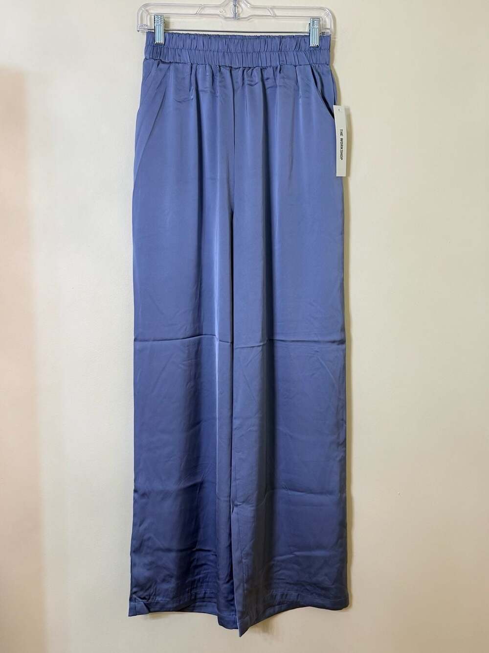 The Workshop Satin Pull-On Wide Leg Pants in Dusty Blue